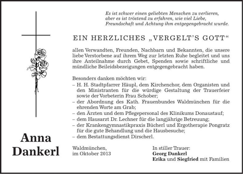 Traueranzeige Anna Dankerl