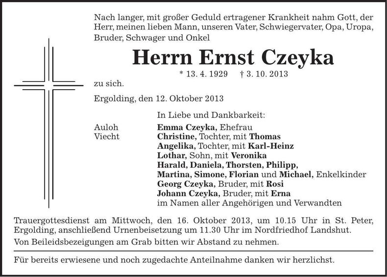Traueranzeige Ernst Czeyka