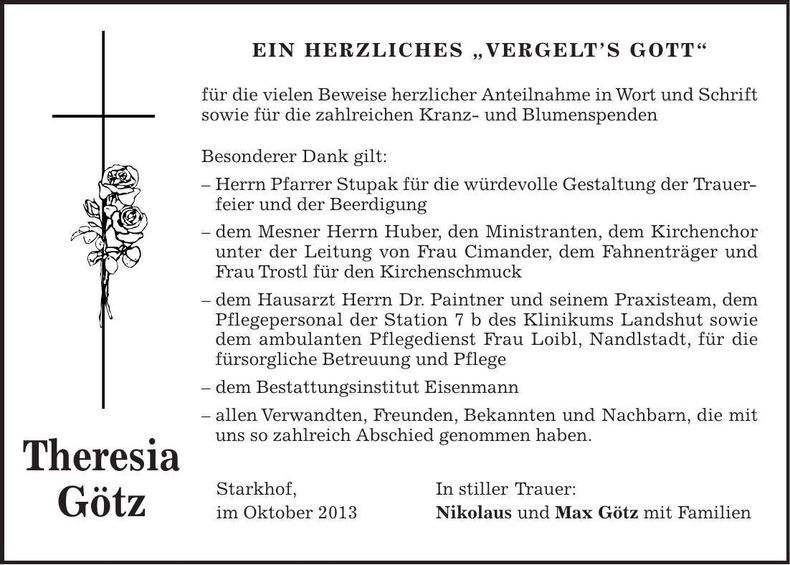 Traueranzeige Theresia Götz