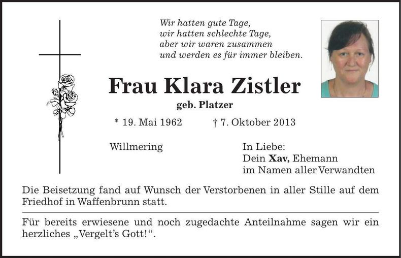 Traueranzeige Klara Zistler