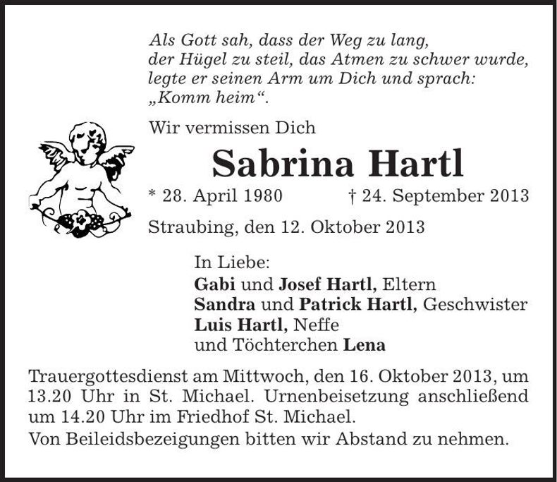 Traueranzeige Sabrina Hartl