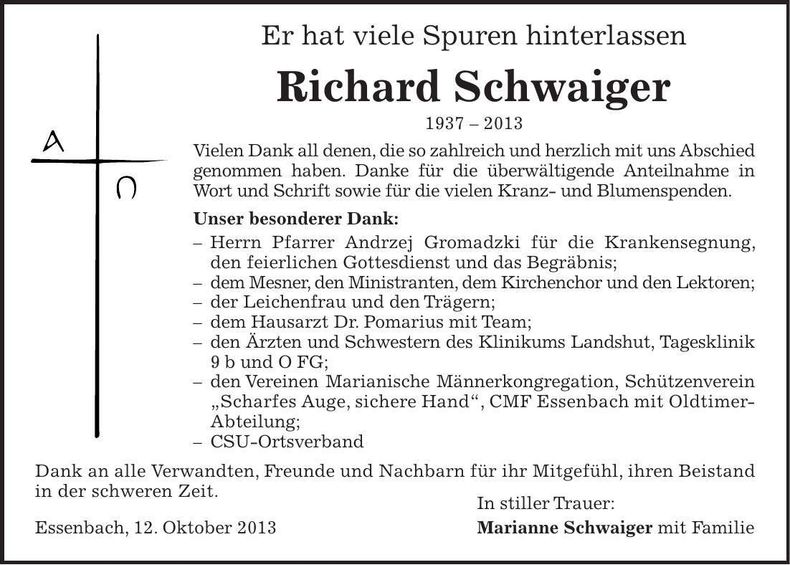 Traueranzeige Richard Schwaiger