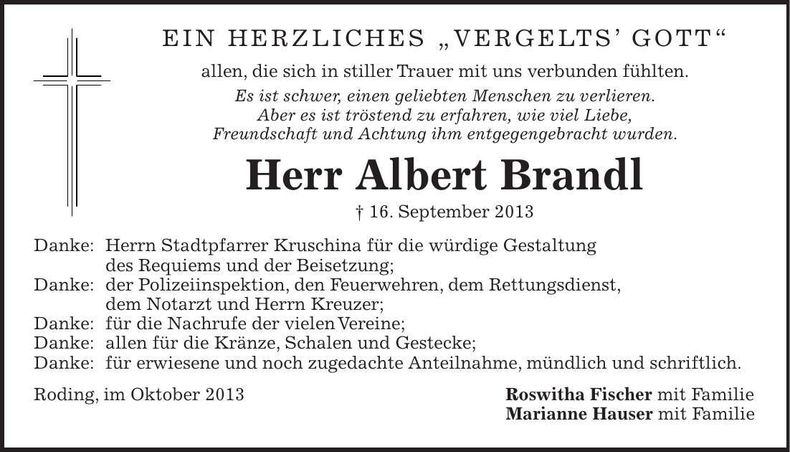 Traueranzeige Albert Brandl
