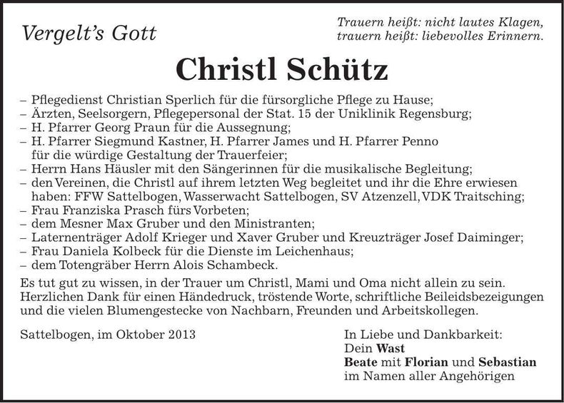 Traueranzeige Christl Schütz