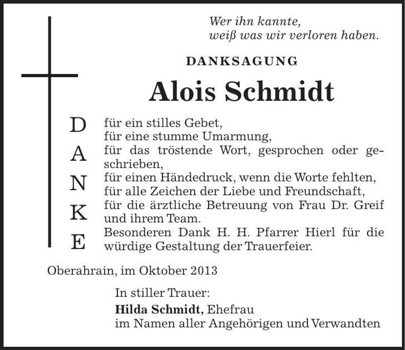 Traueranzeige Alois Schmidt