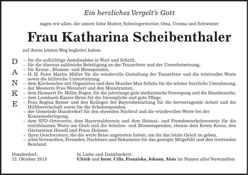 Traueranzeige Katharina Scheibenthaler