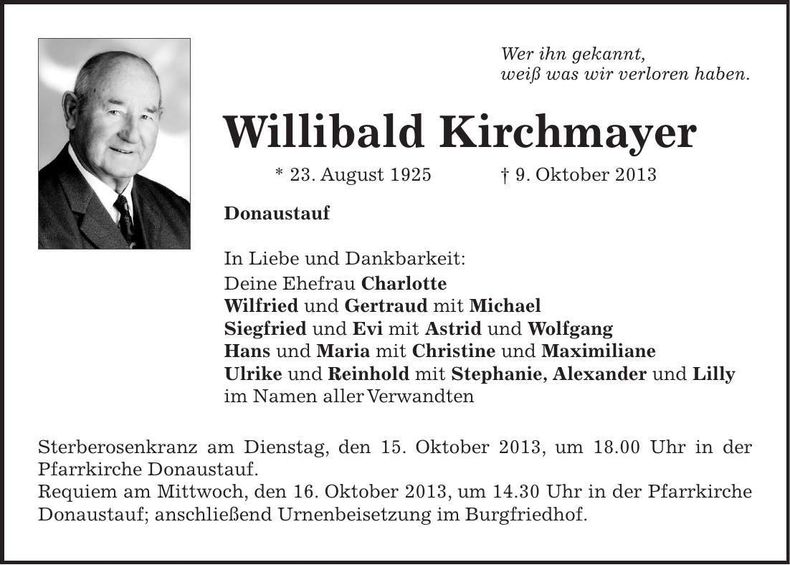 Traueranzeige Willibald Kirchmayer