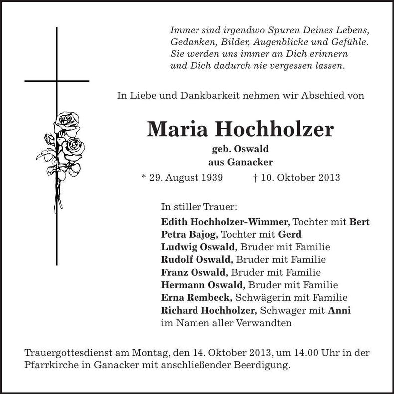 Traueranzeige Maria Hochholzer