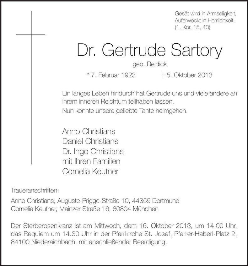 Traueranzeige Gertrude Sartory