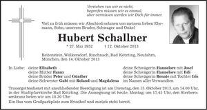 Traueranzeige Hubert Schallner