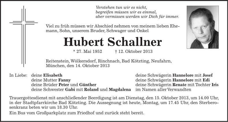 Traueranzeige Hubert Schallner