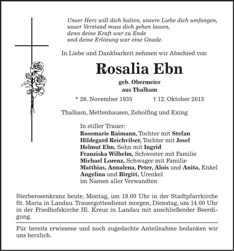 Traueranzeige Rosalia Ebn