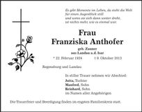 Traueranzeige Franziska Anthofer