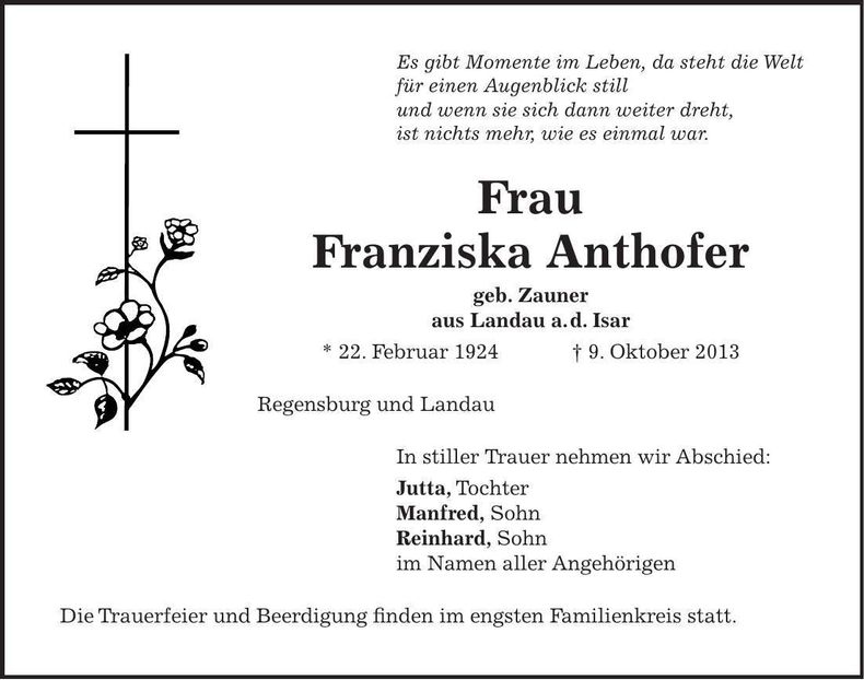 Traueranzeige Franziska Anthofer