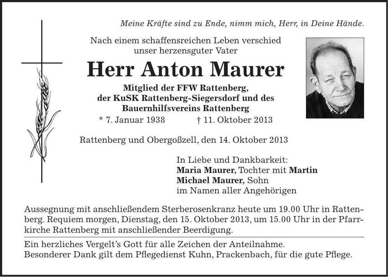 Traueranzeige Anton Maurer