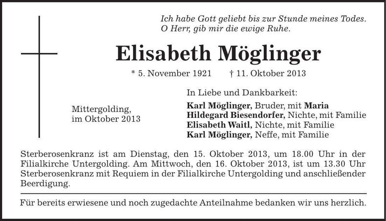 Traueranzeige Elisabeth Möglinger