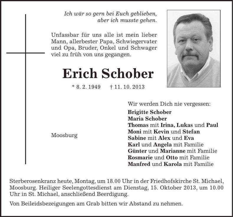 Traueranzeige Erich Schober