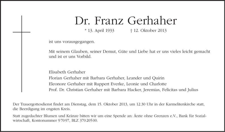 Traueranzeige Franz Gerhaher
