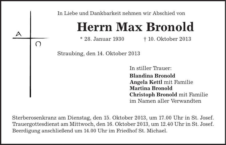 Traueranzeige Max Bronold