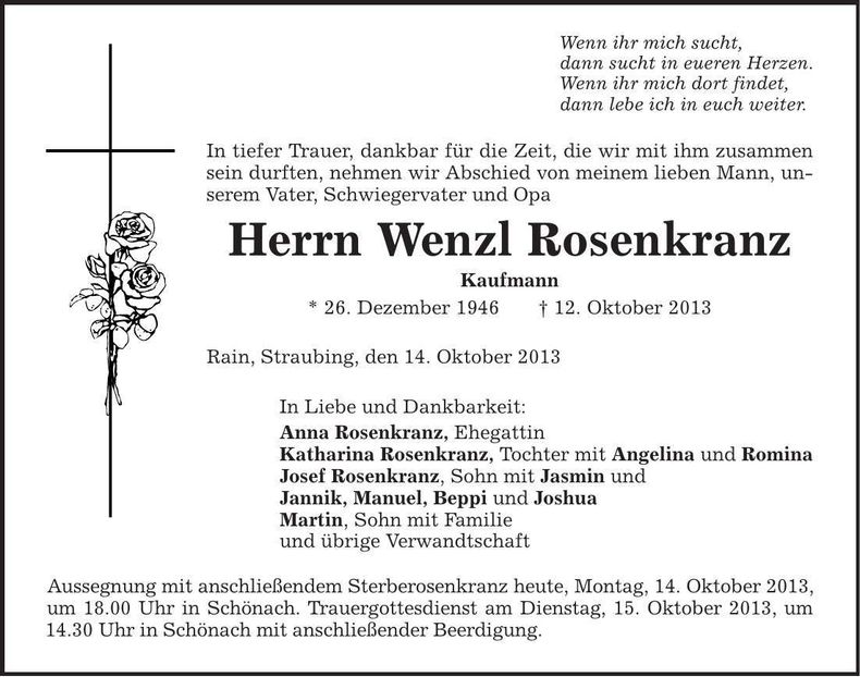 Traueranzeige Wenzl Rosenkranz
