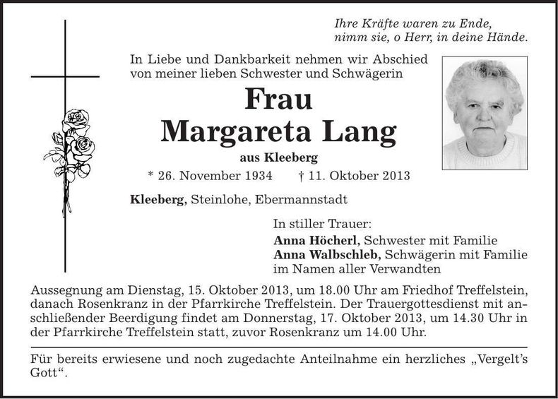 Traueranzeige Margareta Lang