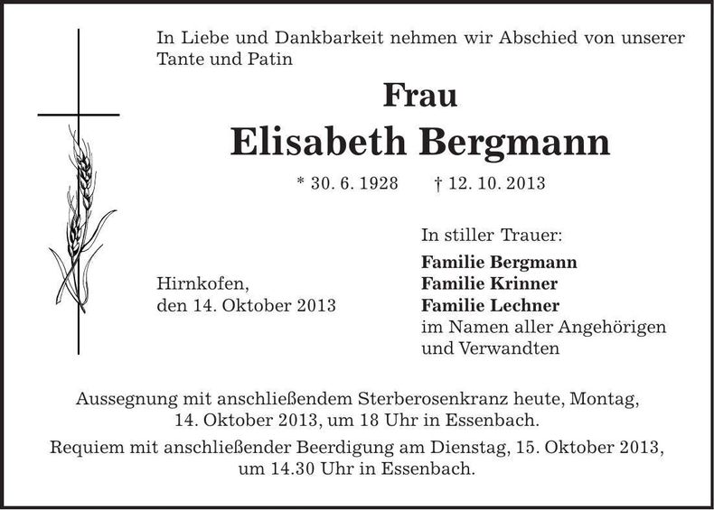 Traueranzeige Elisabeth Bergmann
