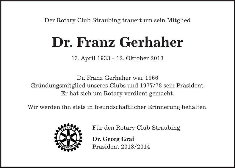 Traueranzeige Franz Gerhaher