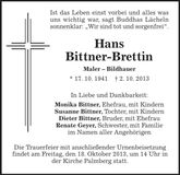 Traueranzeige Hans Bittner-Brettin