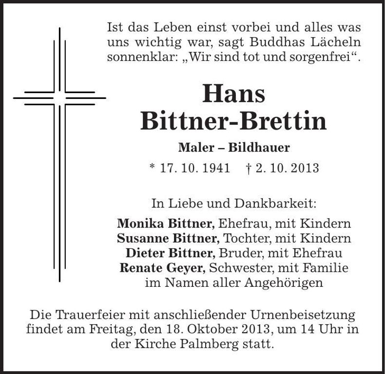 Traueranzeige Hans Bittner-Brettin