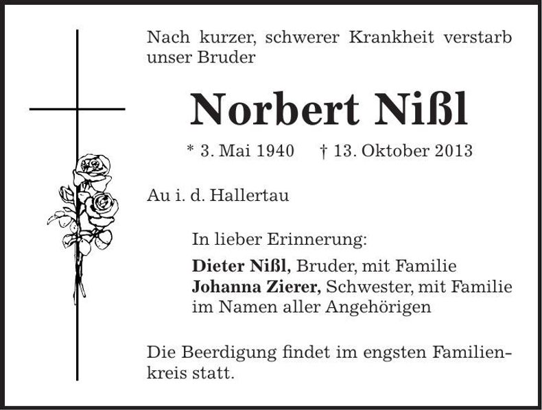 Traueranzeige Norbert Nißl