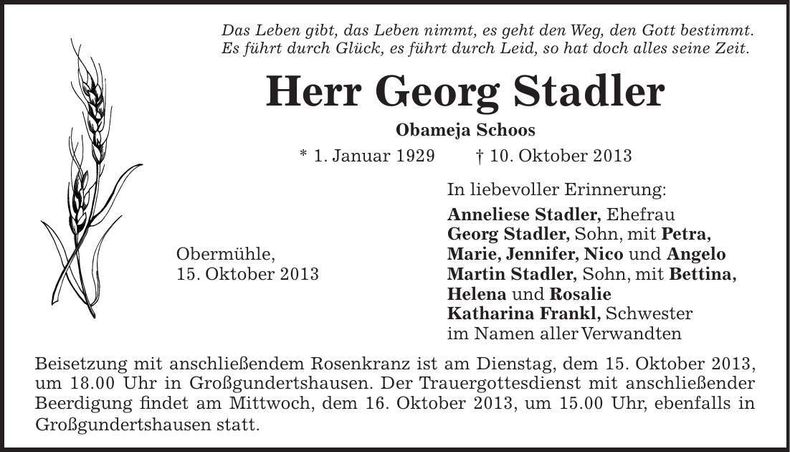Traueranzeige Georg Stadler