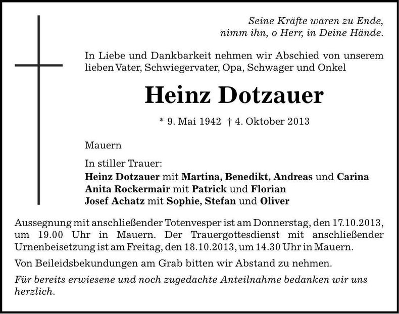Traueranzeige Heinz Dotzauer