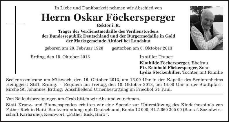 Traueranzeige Oskar Föckersperger