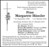 Traueranzeige Margarete Häusler