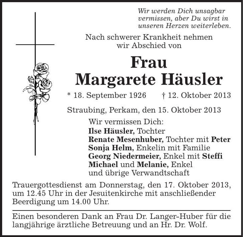 Traueranzeige Margarete Häusler