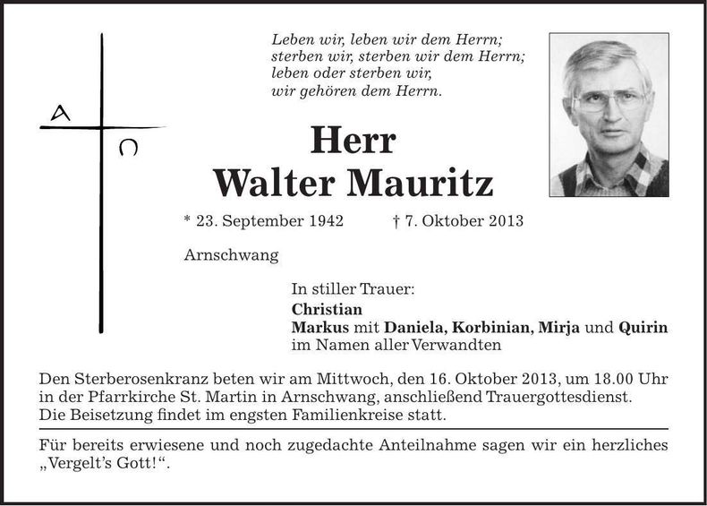 Traueranzeige Walter Mauritz