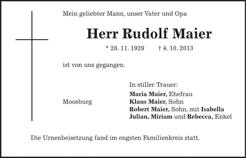 Traueranzeige Rudolf Maier