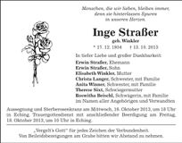 Traueranzeige Inge Straßer