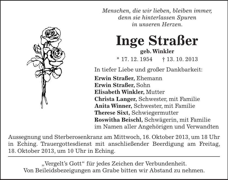 Traueranzeige Inge Straßer