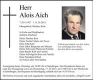 Traueranzeige Alois Aich