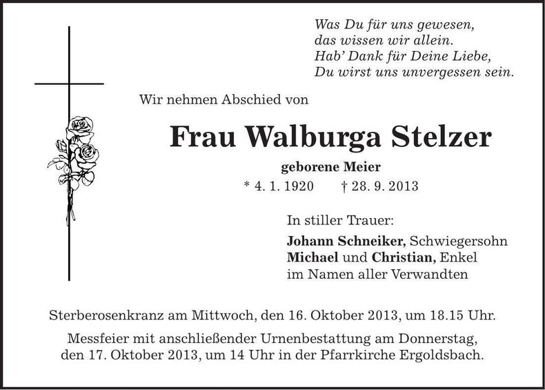 Traueranzeige Walburga Stelzer