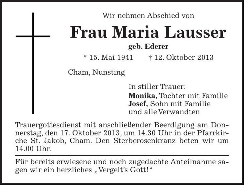 Traueranzeige Maria Lausser