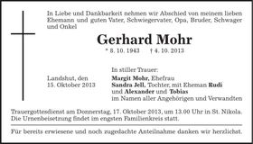 Traueranzeige Gerhard Mohr