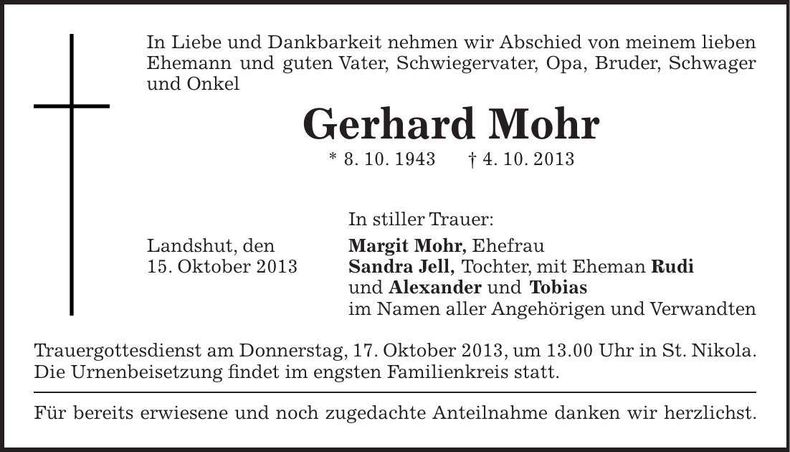 Traueranzeige Gerhard Mohr