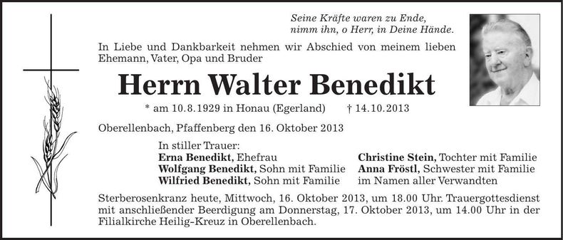 Traueranzeige Walter Benedikt