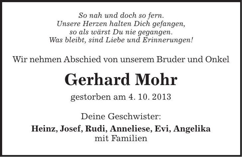 Traueranzeige Gerhard Mohr