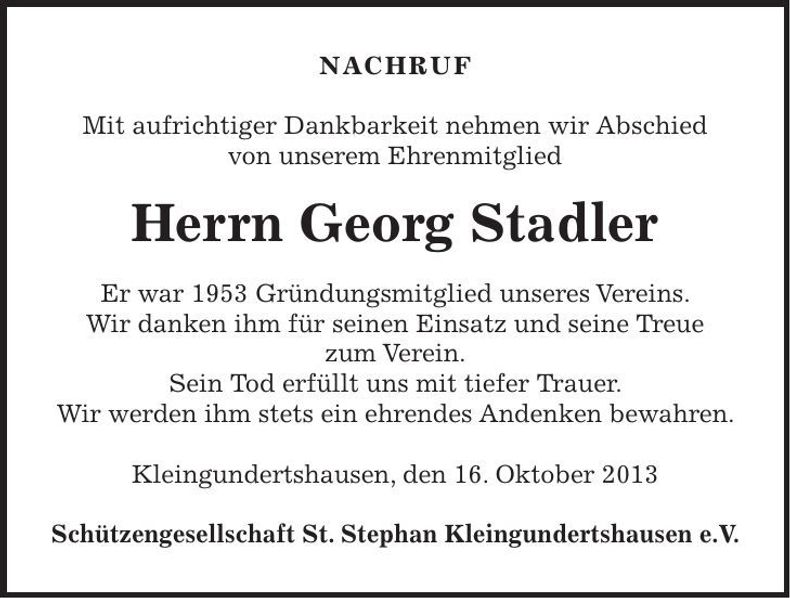 Traueranzeige Georg Stadler