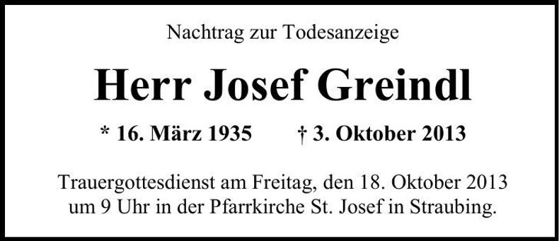 Traueranzeige Josef Greindl