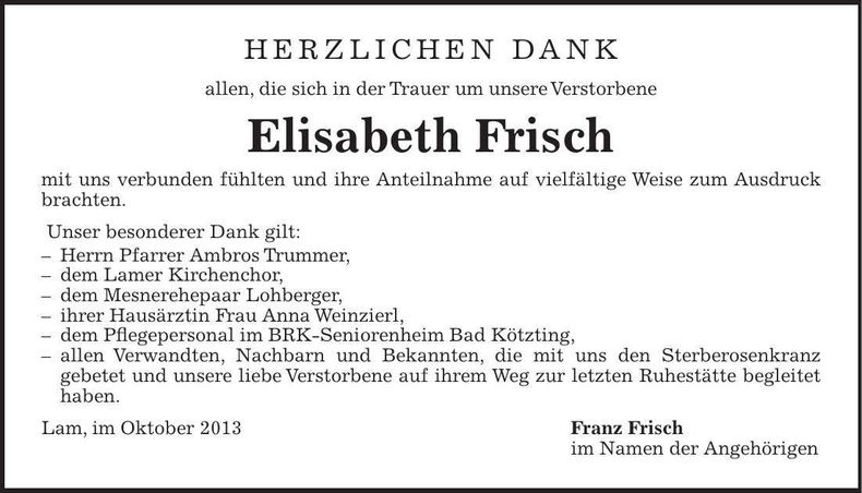 Traueranzeige Elisabeth Frisch