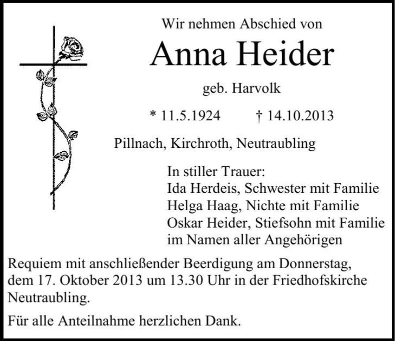 Traueranzeige Anna Heider